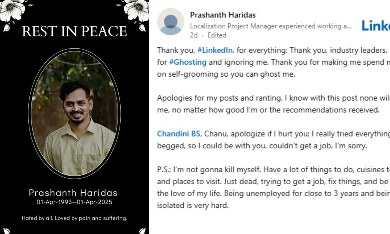 வேலை கிடைக்காத விரக்தியில் தனக்கு தானே இரங்கல் போஸ்டர் அடித்த இளைஞர்