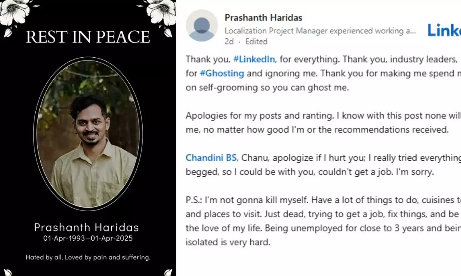 வேலை கிடைக்காத விரக்தியில் தனக்கு தானே இரங்கல் போஸ்டர் அடித்த இளைஞர்