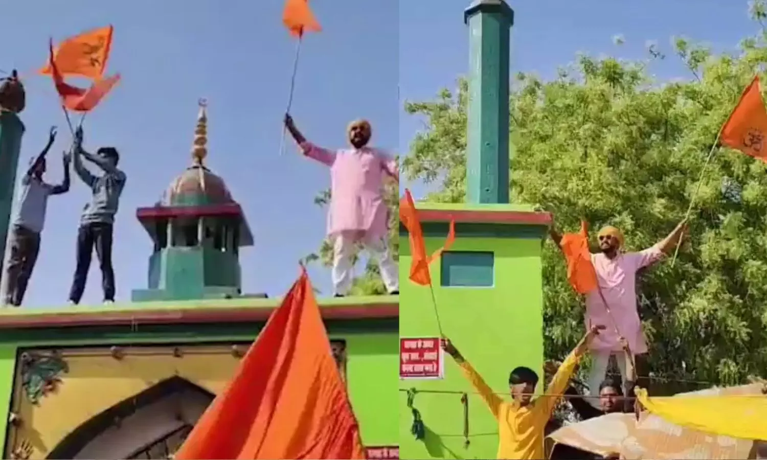 ராம நவமி கொண்டாட்டம்: மசூதி மீது காவிக் கொடியுடன் கபளீகரம் செய்த இந்துத்துவா கும்பல் - வீடியோ