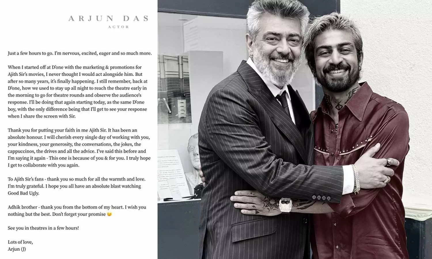 அஜித் சாரின் கருணை, பெருந்தன்மை, நகைச்சுவையை மறக்கவே மாட்டேன் - அர்ஜுன் தாஸ் உருக்கம்