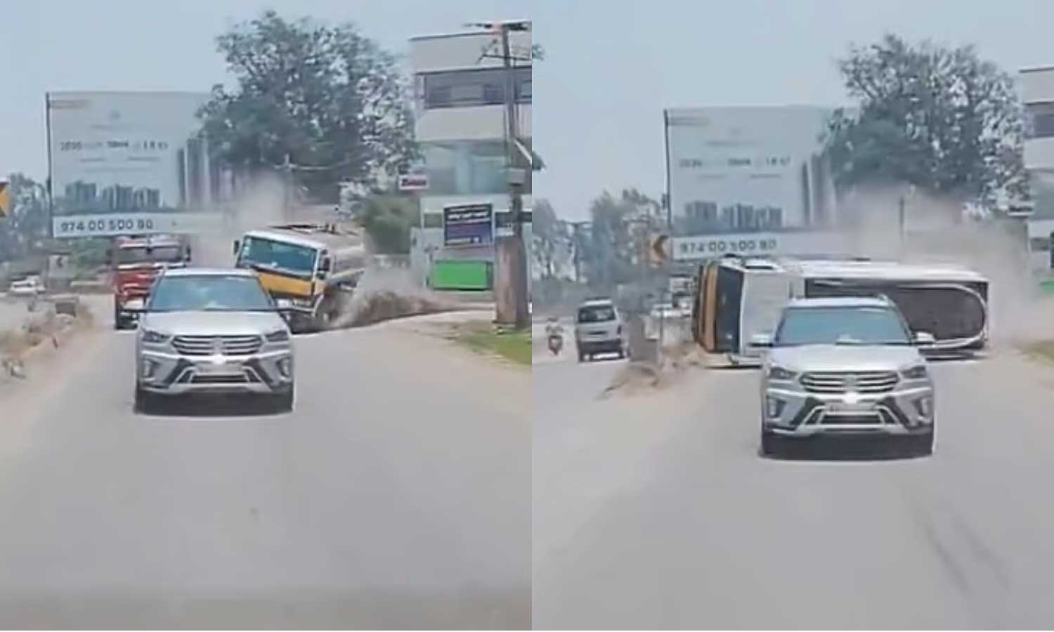 கட்டுப்பாட்டை இழந்த தண்ணீர் லாரி சாலையில் 3 முறை உருண்டு விபத்து - அதிர்ச்சி வீடியோ