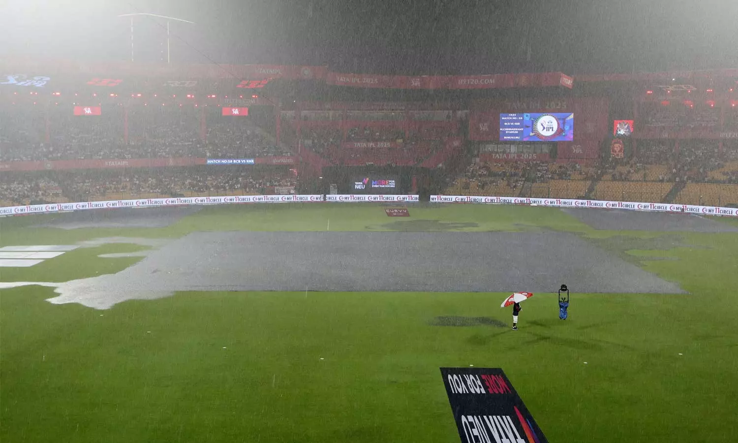 ஆர்சிபி- கேகேஆர் இடையிலான போட்டி: மழையால் டாஸ் சுண்டுவதில் தாமதம்