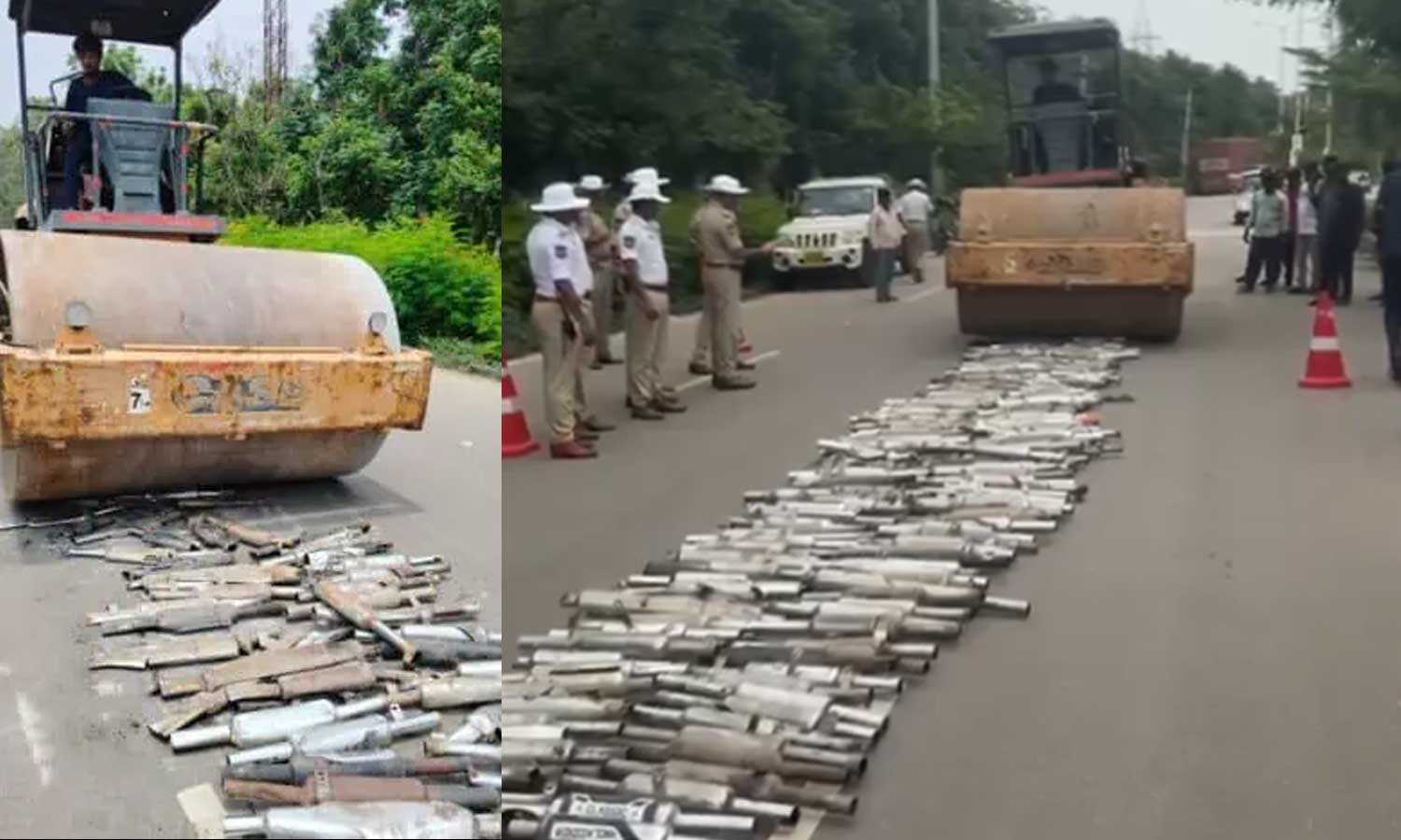VIDEO: ஐதராபாத்தில் 1,297 பைக்குகளின் சைலன்சர்களை ரோடு ரோலர் ஏற்றி அழித்த காவல்துறை