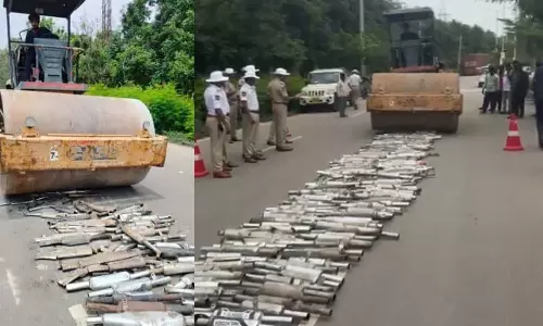 VIDEO: ஐதராபாத்தில் 1,297 பைக்குகளின் சைலன்சர்களை ரோடு ரோலர் ஏற்றி அழித்த காவல்துறை