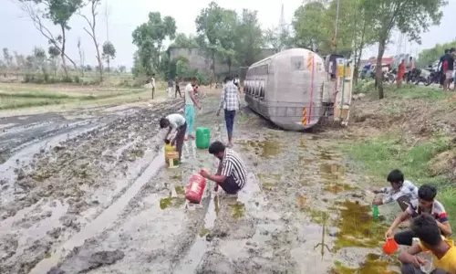 எண்ணெய் லாரி கவிழ்ந்து விபத்து.. படுகாயமடைந்த ஓட்டுனரை காப்பாற்றாமல் எண்ணெய் திருடிய மக்கள் - வீடியோ