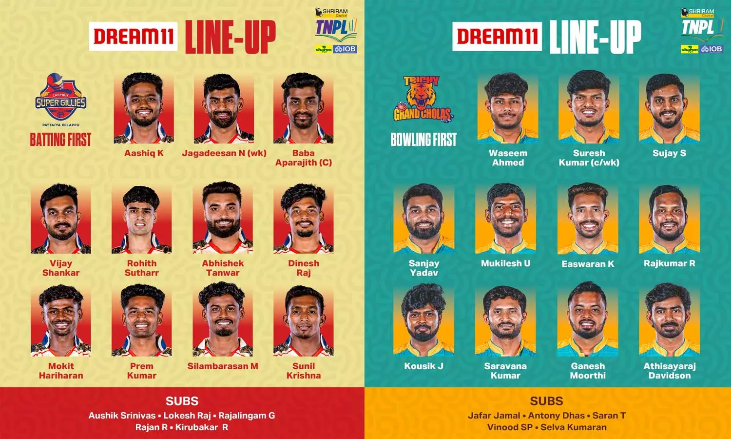 டிஎன்பிஎல் 2025: சேப்பாக் சூப்பர் கில்லீஸ்க்கு எதிராக திருச்சி பந்து வீச்சு தேர்வு டிஎன்பிஎல் 2025: சேப்பாக் சூப்பர் கில்லீஸ்க்கு எதிராக திருச்சி பந்து வீச்சு தேர்வு