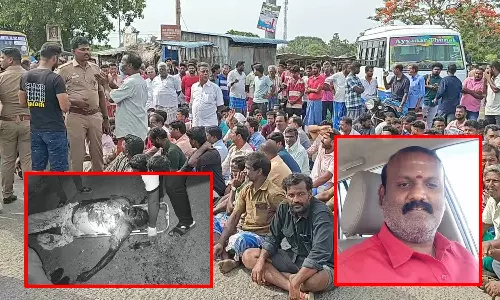 கூவத்தூர் அருகே பெட்ரோல் பங்கு அதிபர் வெட்டி கொலை -  பொதுமக்கள் சாலை மறியல்