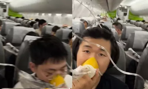 வானத்தில் 26,000 அடி கீழே இறங்கிய விமானம்.. மரணத்தின் விளிம்பில் பயணிகள் செய்த செயல் - திக் திக் வீடியோ