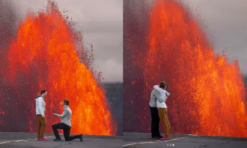 எரிமலை வெடித்து சிதறும்போது, காதலிக்கு Propose செய்த காதலன் - புகைப்படங்கள் வைரல்