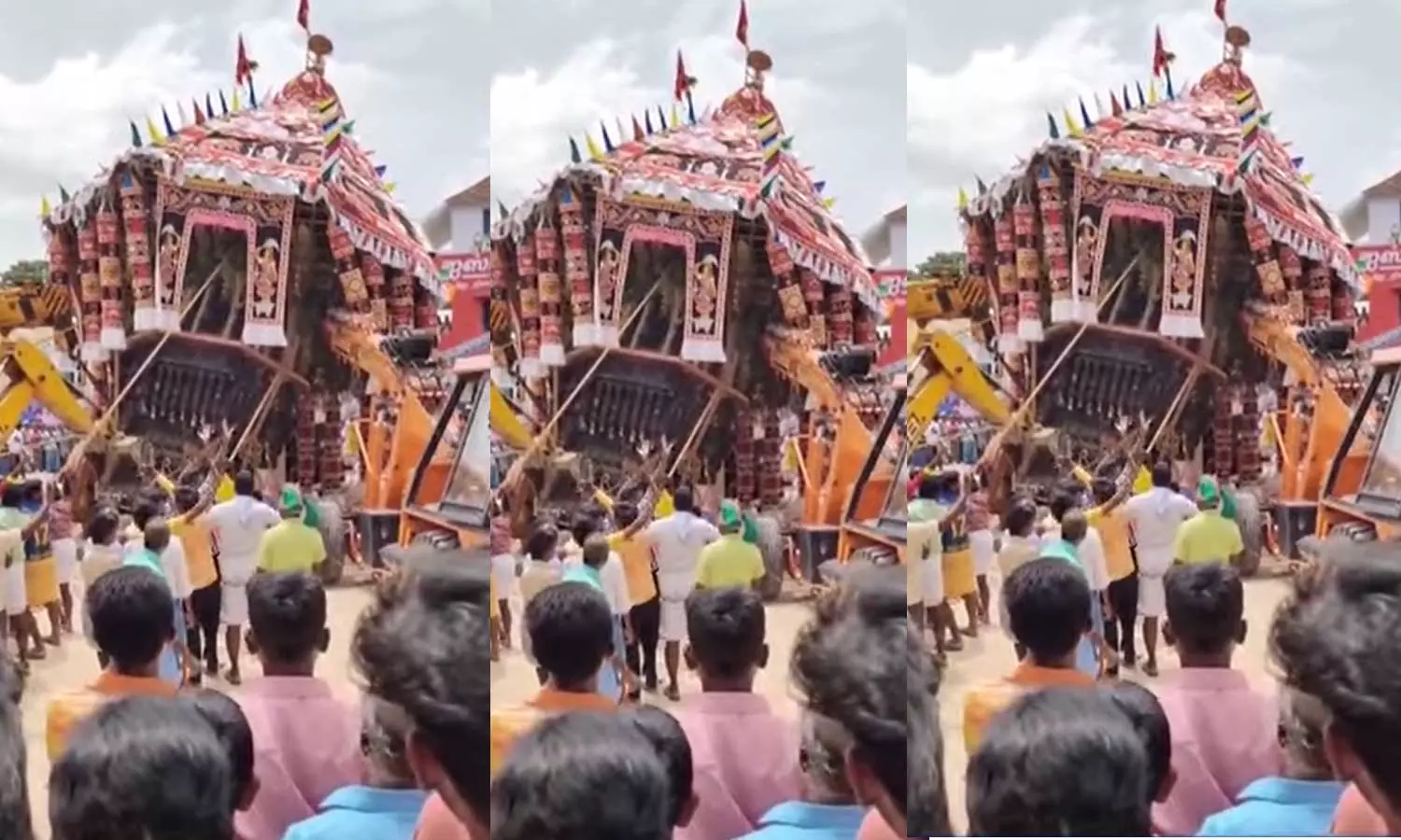 பெரம்பலூர் அருகே தேனூரில் கோவில் தேர் அச்சு முறிந்து சாய்ந்ததால் பரபரப்பு..! பெரம்பலூர் அருகே தேனூரில் கோவில் தேர் அச்சு முறிந்து சாய்ந்ததால் பரபரப்பு..!