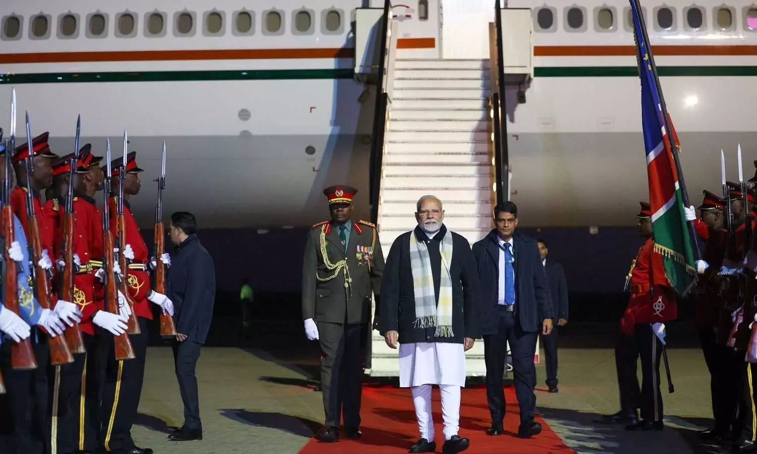 பிரேசில் பயணத்தை முடித்து கொண்டு நமீபியா சென்றடைந்த பிரதமர் மோடிக்கு உற்சாக வரவேற்பு