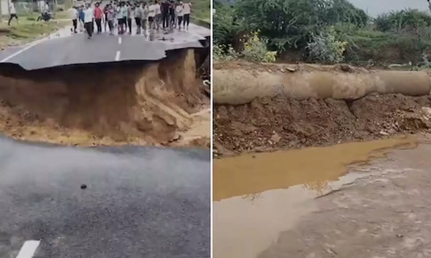 ராஜஸ்தான்: திறப்பு விழாவிற்கு முன்பே மழை வெள்ளத்தில் அடித்துசெல்லபட்ட நெடுஞ்சாலை ராஜஸ்தான்: திறப்பு விழாவிற்கு முன்பே மழை வெள்ளத்தில் அடித்துசெல்லபட்ட நெடுஞ்சாலை