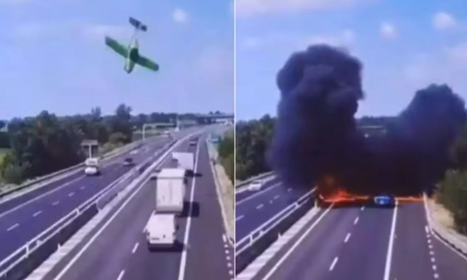 இத்தாலியில் அதிவேகமாக சாலையில் மோதி வெடித்த விமானம் - பதறவைக்கும் வீடியோ