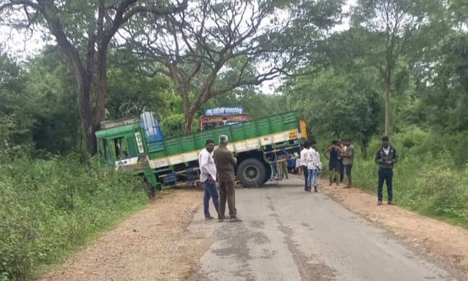 தாளவாடி அருகே யானை துரத்தியதால் பள்ளத்தில் பாய்ந்த லாரி