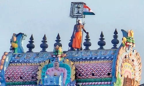 தேசியக் கொடியுடன் கோவில் கோபுரத்தில் ஏறி சமூக ஆர்வலர் திடீர் போராட்டம்