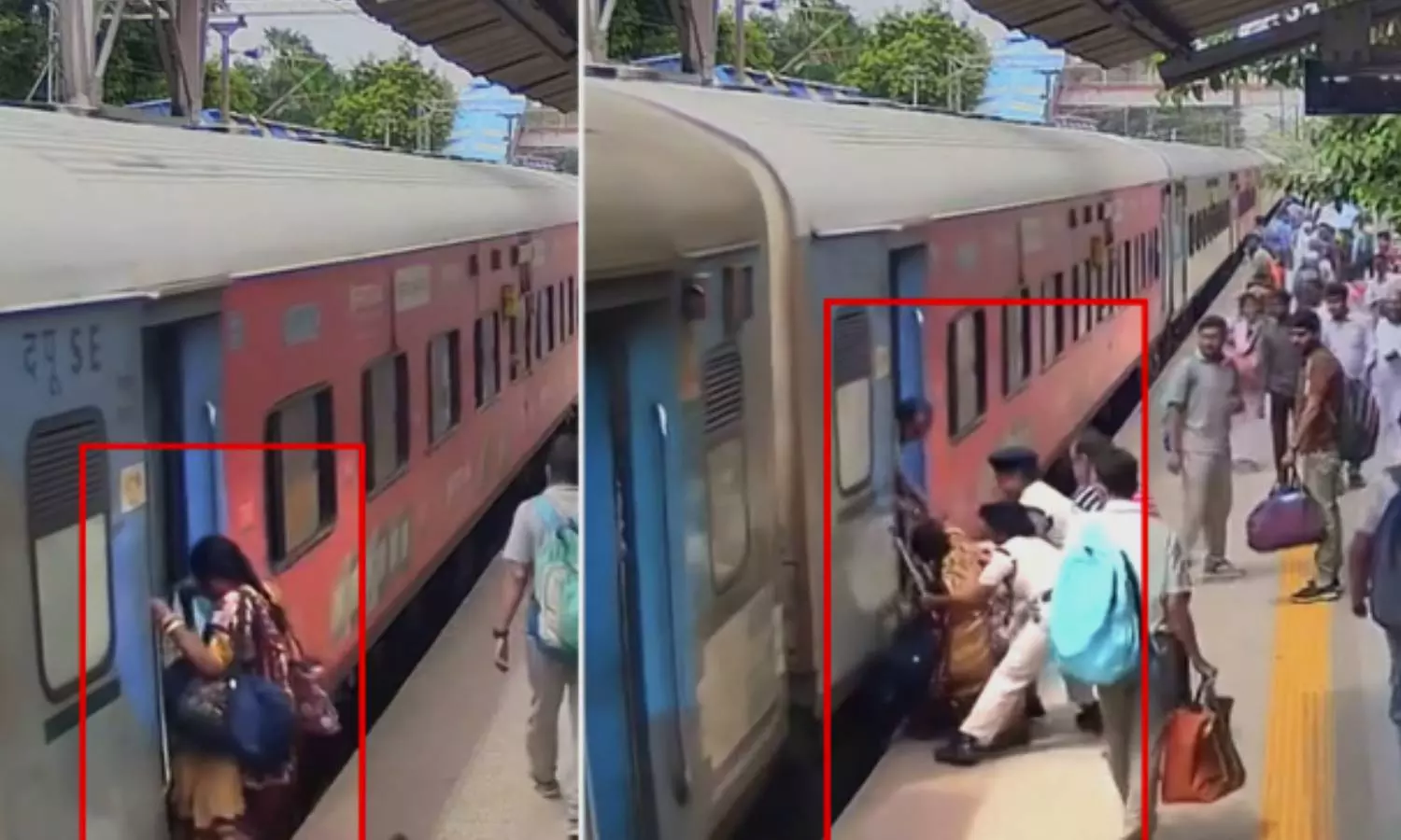 VIDEO: ஓடும் ரெயிலில் ஏற முயன்றபோது தவறி விழுந்த பெண் - காப்பாற்றிய போலீசார்