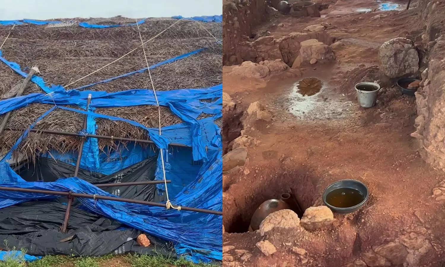 ஆதிச்சநல்லூரில் அகழாய்வு பணிகள் நடந்த இடத்திற்குள் புகுந்த மழைநீர்