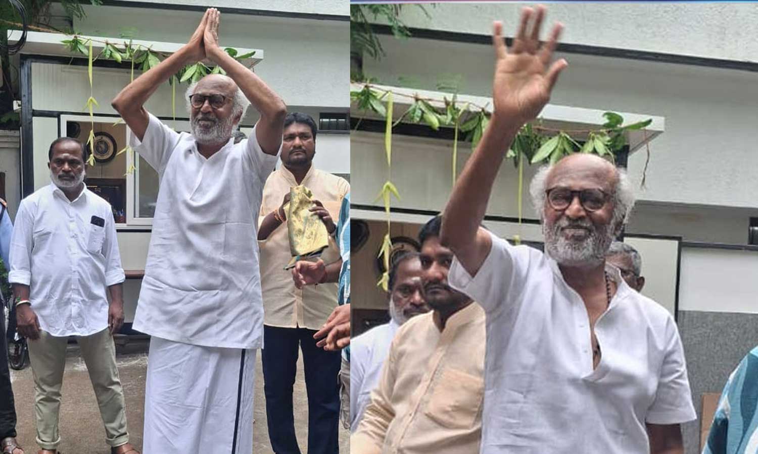 தன் வீட்டின் முன் குவிந்திருந்த ரசிகர்களுக்கு தீபாவளி வாழ்த்து தெரிவித்தார் ரஜினிகாந்த்