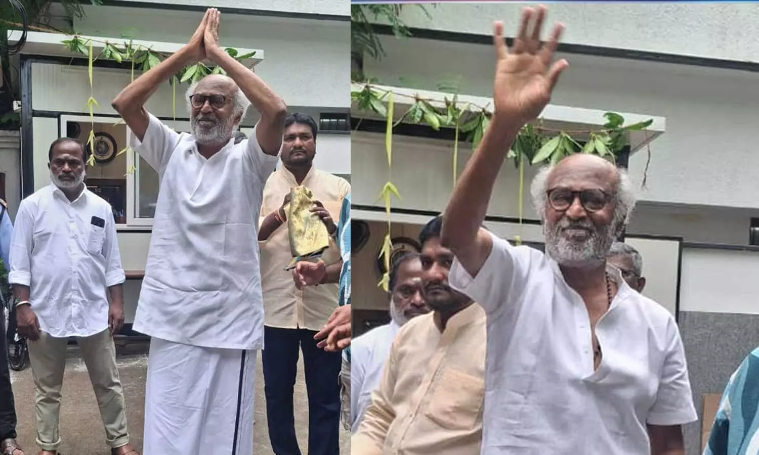 தன் வீட்டின் முன் குவிந்திருந்த ரசிகர்களுக்கு தீபாவளி வாழ்த்து தெரிவித்தார் ரஜினிகாந்த்