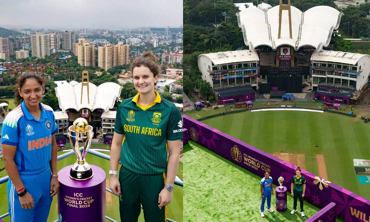 நாளை இறுதிப்போட்டி: உலக கோப்பையுடன் போட்டோஷூட் நடத்திய இந்தியா- தென்ஆப்பிரிக்கா கேப்டன்கள்