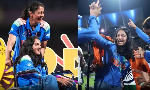 மகளிர் உலக கோப்பை வெற்றியை சக்கர நாற்காலியில் வந்து கொண்டாடிய பிரதிகா ராவல்