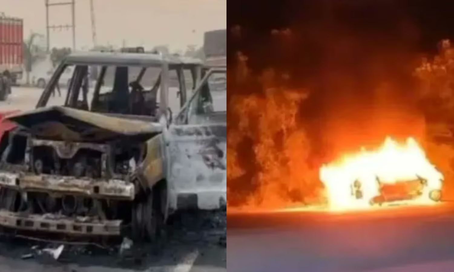 சாலையில் தீப்பிடித்து எறிந்த ஆம்புலன்ஸ்.. பச்சிளம் குழந்தை உட்பட 4 பேர் உடல் கருகி பலி