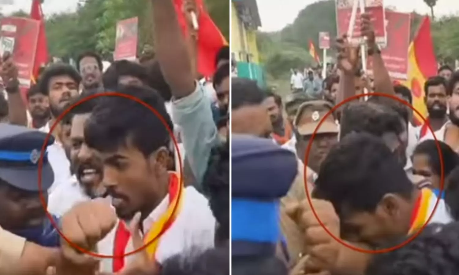 கண்டன ஆர்ப்பாட்டத்தின்போது போலீசாரின் கையை கடித்த தவெக தொண்டர்! கண்டன ஆர்ப்பாட்டத்தின்போது போலீசாரின் கையை கடித்த தவெக தொண்டர்!