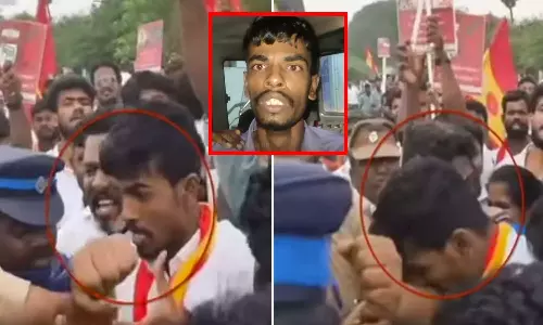 போராட்டத்தில் காவலரின் கையைக் கடித்த தவெக தொண்டர் கைது