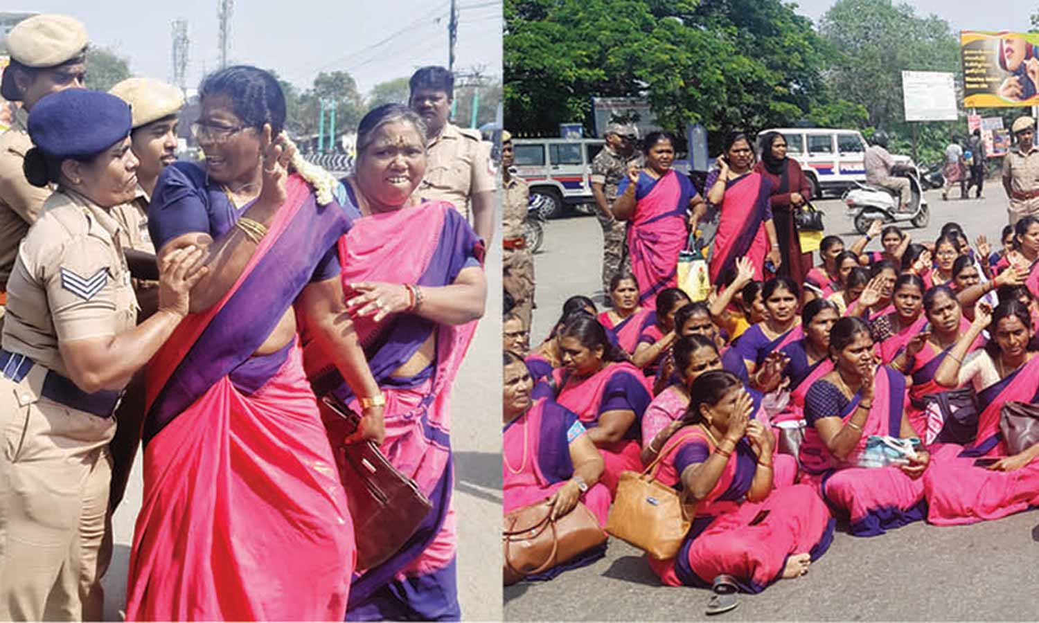 திருப்பூரில் அங்கன்வாடி ஊழியர்கள் சாலைமறியல்- 100 பேர் கைது