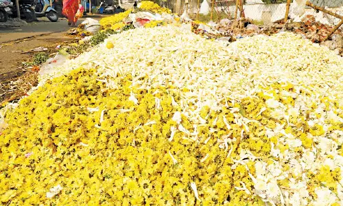 திருப்பூரில் விலை சரிவால் குப்பையில் கொட்டப்படும் பூக்கள்