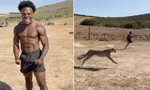 சிறுத்தையுடன் ஓட்டப்பந்தயம் வைத்து ஓடிய பிரபல யூடியூபர் - வைரல் வீடியோ