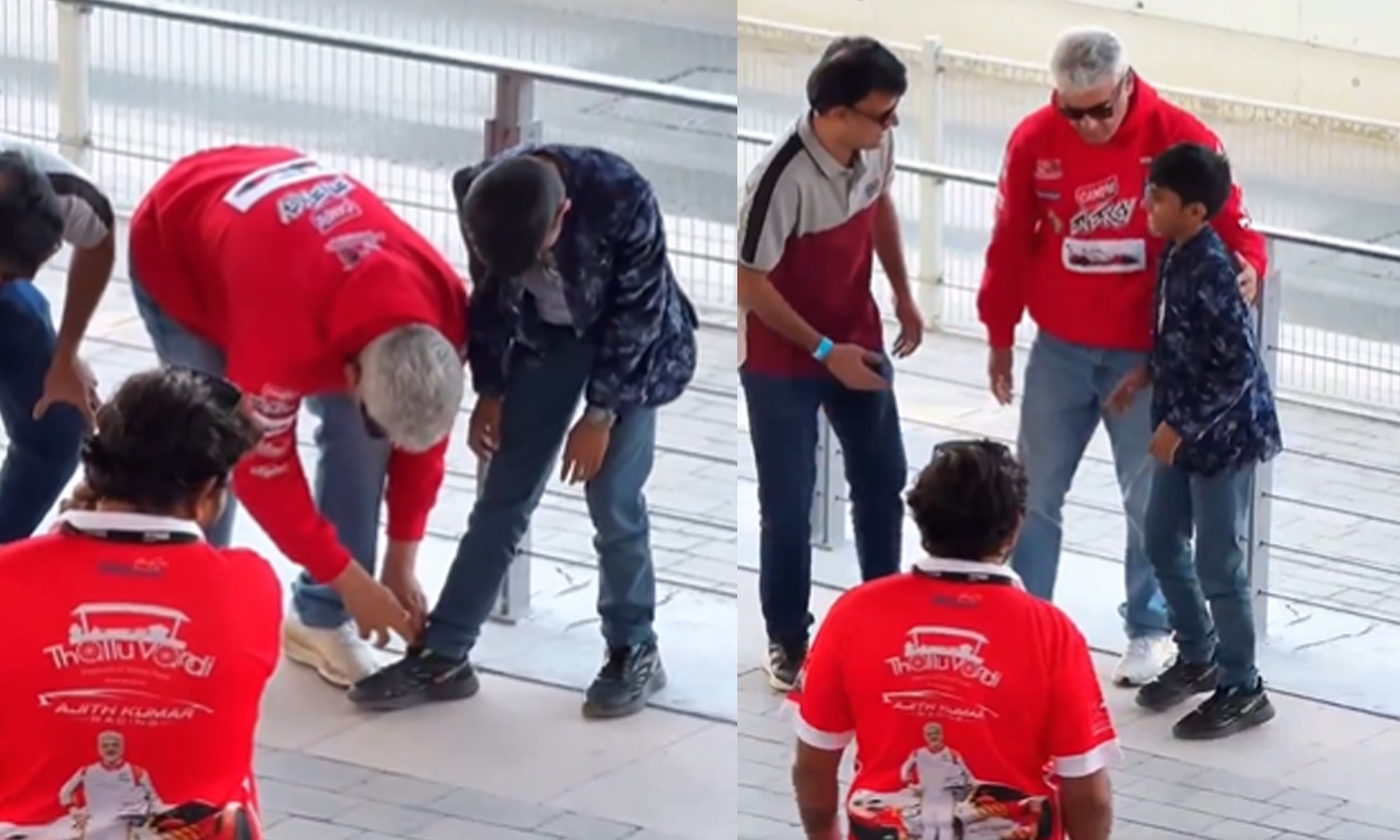 ரேஸ் களத்தில் நெகிழ்ச்சி..! குட்டி ரசிகருக்கு ஷூ லேஸ் கட்டிவிட்ட அஜித் - வைரலாகும் க்யூட் வீடியோ