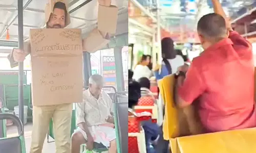 பெண் வெளியிட்ட வீடியோவால் பறிபோன உயிர்..! கேரளாவில் அட்டைப்பெட்டி கவசத்துடன் பேருந்தில் பயணம் செய்யும் ஆண்கள்