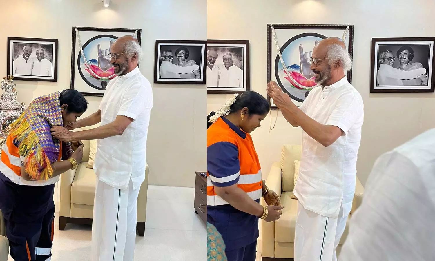 தூய்மைப் பணியாளர் பத்மாவை வீட்டிற்கு அழைத்து தங்க செயின் பரிசளித்த ரஜினி