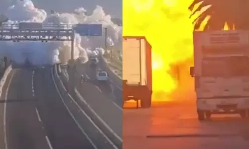 சிலியில் கியாஸ் டேங்கர் லாரி வெடித்து சிதறியதில் பல மீட்டர் தூரத்திற்கு பரவிய தீ- வீடியோ