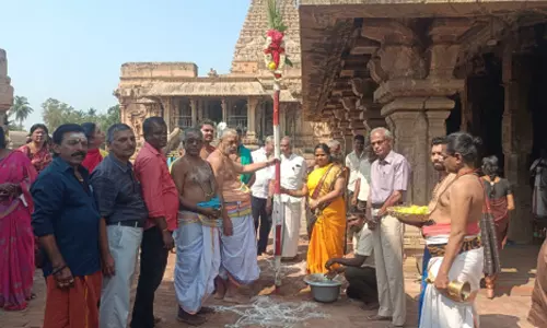 தஞ்சாவூர் பெரிய கோவிலில் இன்று சித்திரை பெருவிழாவிற்கான பந்தல்கால் முகூர்த்தம் நடப்பட்டது