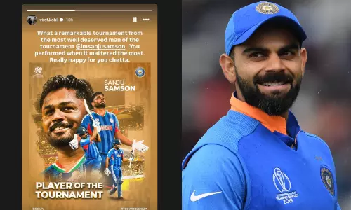 #T20WorldCup2026 பெருமகிழ்ச்சி சேட்டா... தொடர் நாயகன் விருது வென்ற சஞ்சு சாம்சனுக்கு கோலி வாழ்த்து