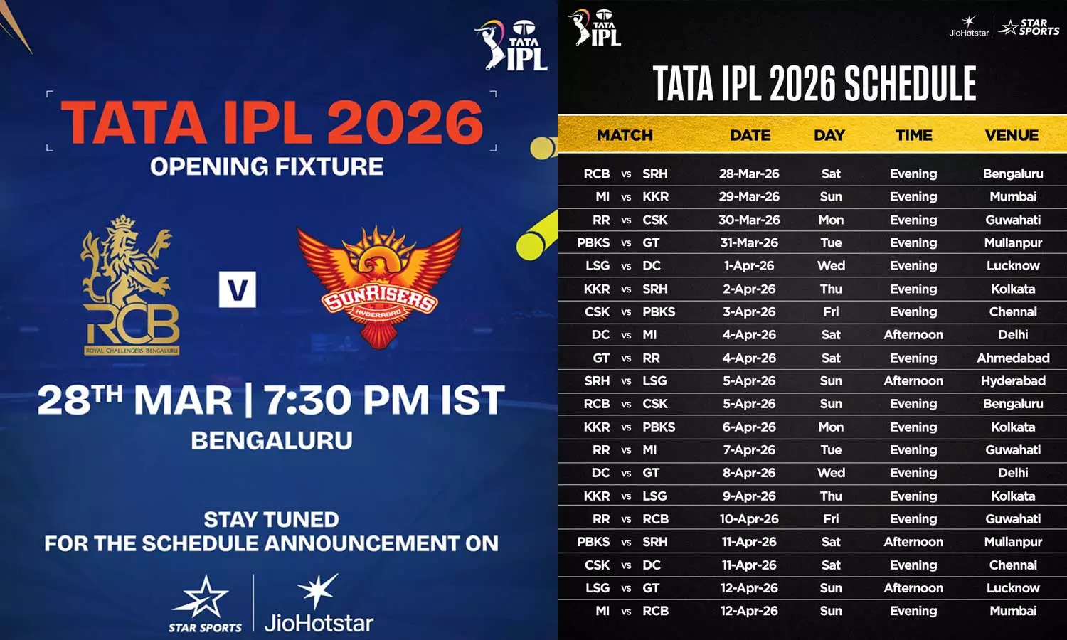 IPL 2026 தொடரின் முதல் 20 போட்டிகளுக்கான அட்டவணை வெளியீடு